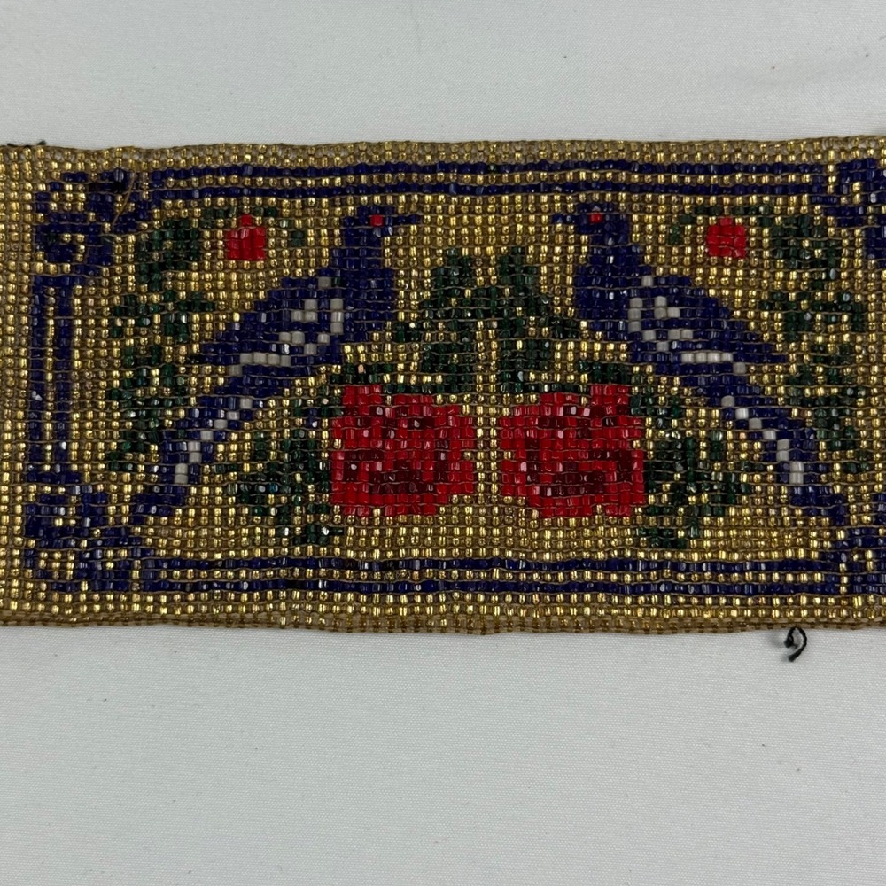 Handmade Loom-Woven Glass Seed Bead Wide Band - Folk Bird & Rose Design - Boho